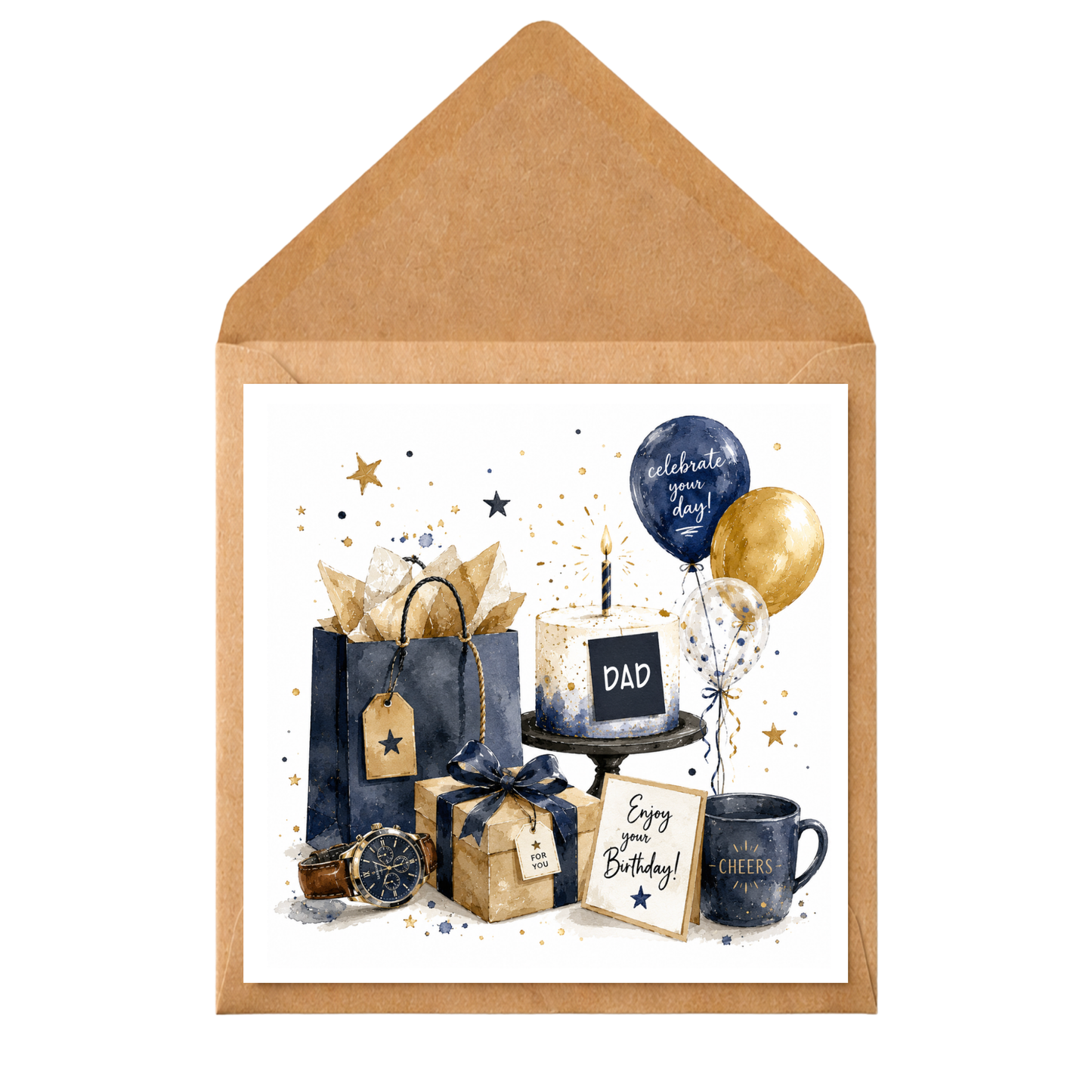 Navy & Gold Dad Birthday Card – Luxury Watercolour Birthday Card for Dad – Masculine Birthday Card – Handmade Style Greeting Card