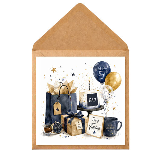 Navy & Gold Dad Birthday Card – Luxury Watercolour Birthday Card for Dad – Masculine Birthday Card – Handmade Style Greeting Card