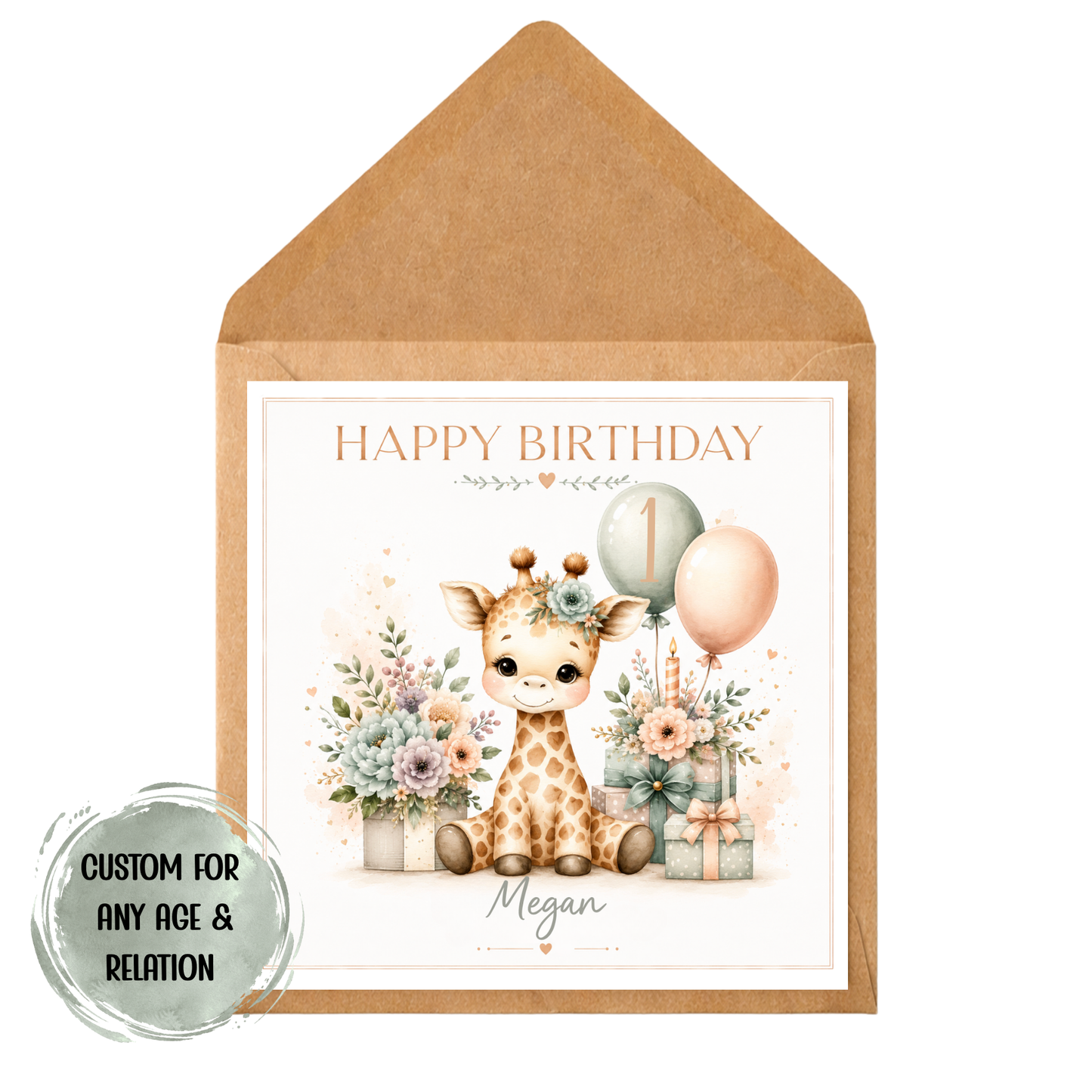 Personalised 1st Birthday Card | Cute Safari Giraffe Card | First Birthday Card | Custom Name Birthday Card | Pastel Animals | 1 Today