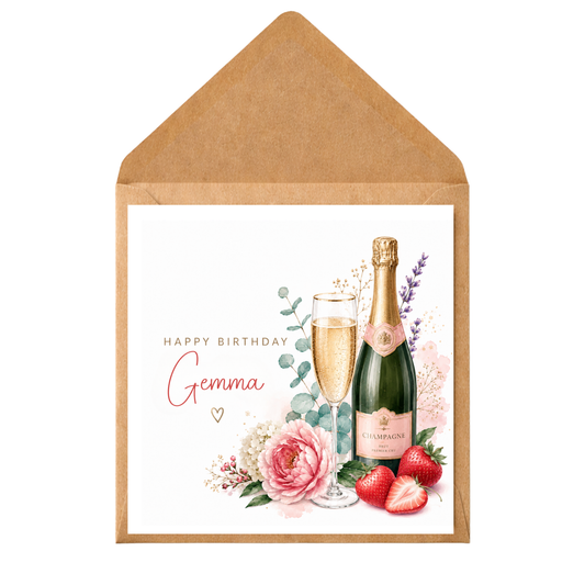 Personalised Champagne Birthday Card for Her | Custom Name Birthday Card | Champagne & Flowers Birthday Card | Friend Sister Mum Wife Card