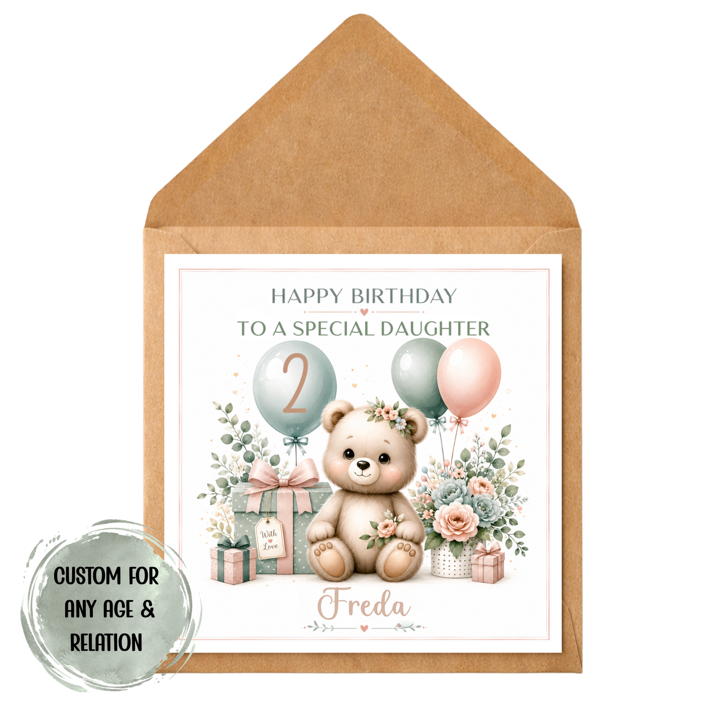 Personalised Birthday Card for Kids – Any Age & Any Relation – Cute Teddy Bear – Custom Name & Age – Daughter Son Granddaughter Niece