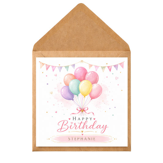 Personalised Birthday Card for Her, Watercolour Balloons Birthday Card, Custom Name Card, Daughter Sister Friend Wife