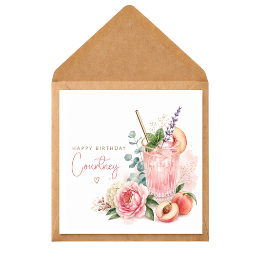 Personalised Peach Cocktail Birthday Card | Custom Name Birthday Card for Her | Gin Cocktail Card | Female Birthday Card