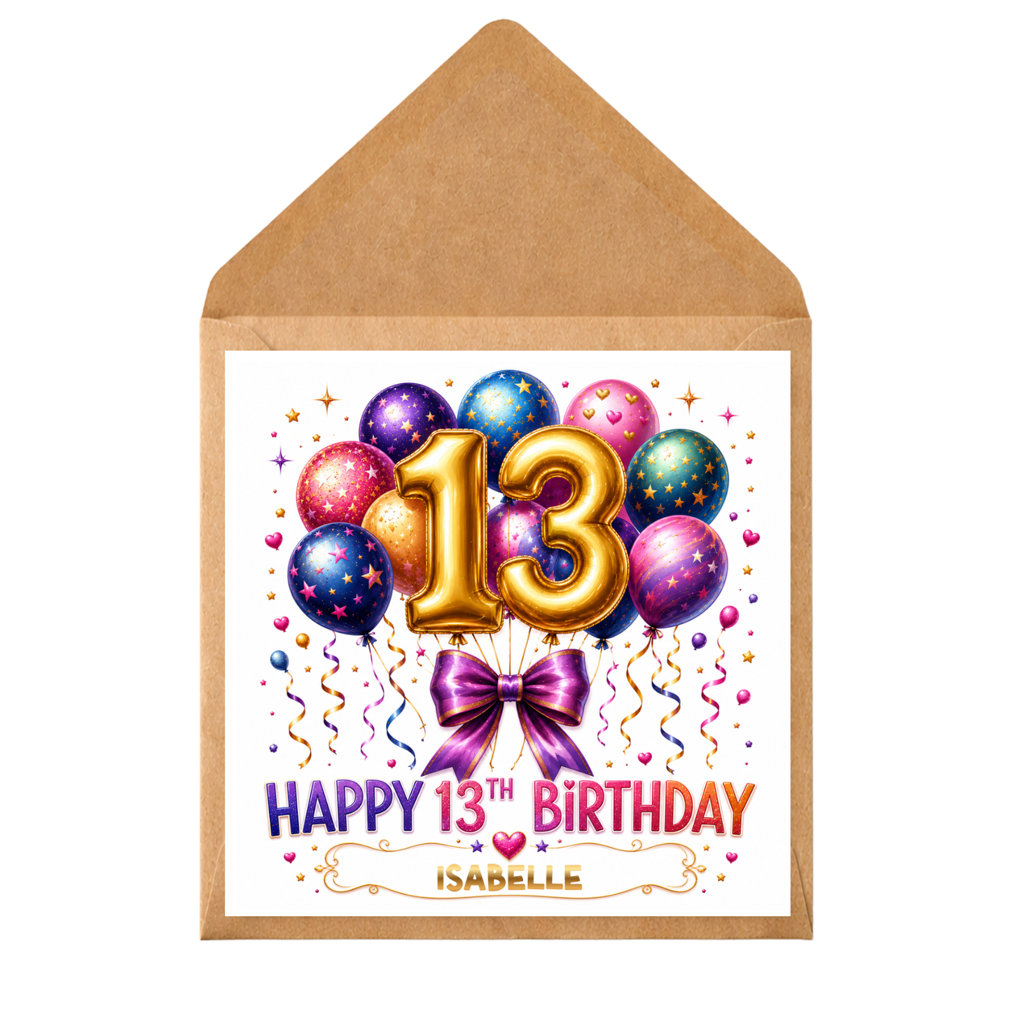 Personalised 13th Birthday Card | Gold Balloons, Custom Name Age 13, Teen Daughter Niece