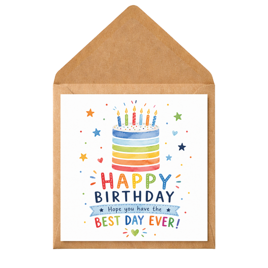 Rainbow Birthday Cake Card | Colourful Happy Birthday Card | Birthday Card for Any Age | Children's Birthday Card | Bright Birthday Greeting Card