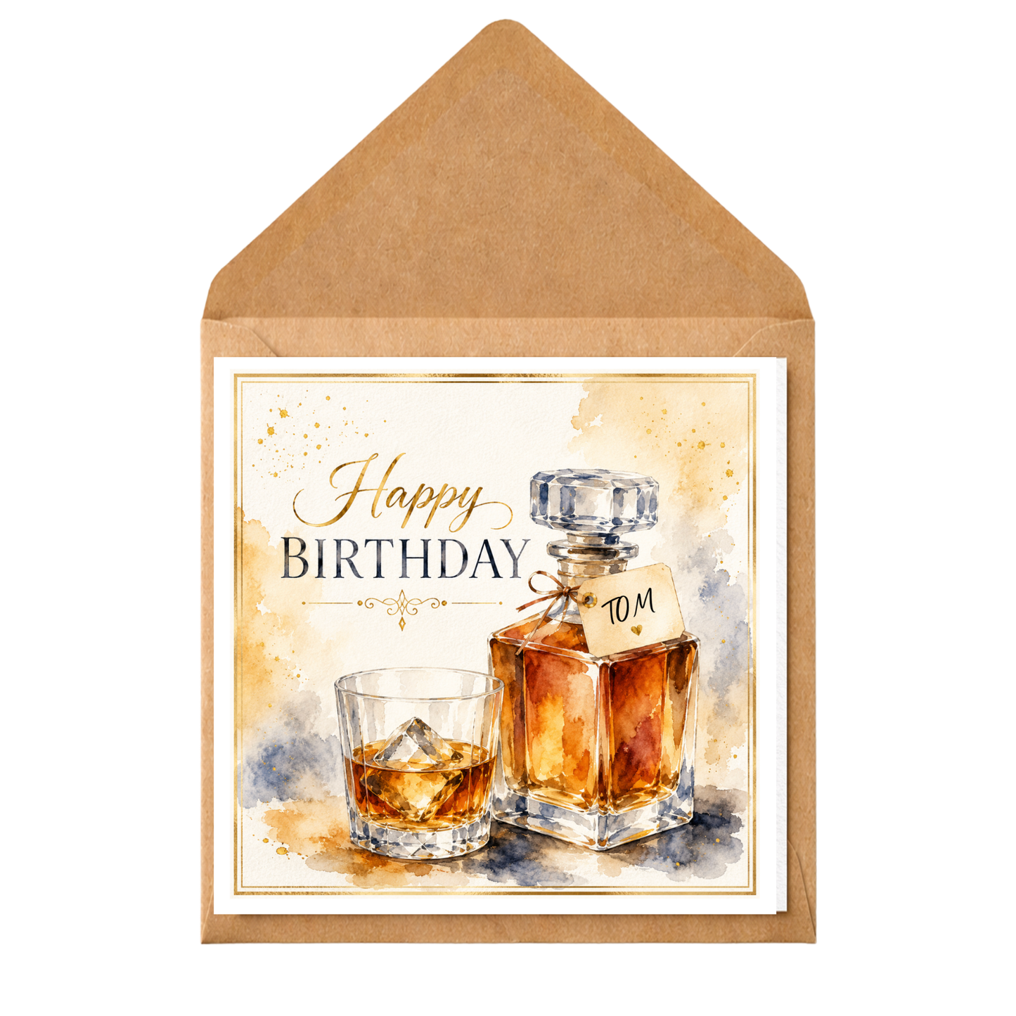 Personalised Whisky Birthday Card – Any Male Relation – Custom Name – Luxury Gold Detail – Printed Message Option