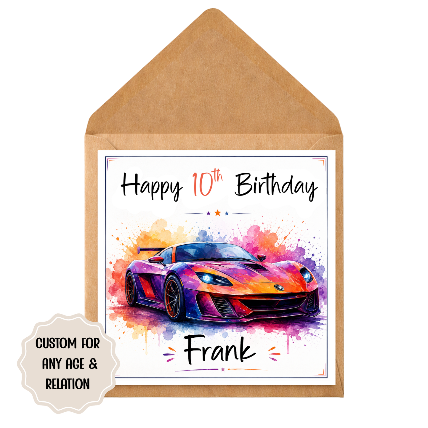 Personalised Supercar Birthday Card – Kids Birthday Card – Custom Name & Age – Boys Racing Car Card – 10th Birthday Card – Fast Car Card