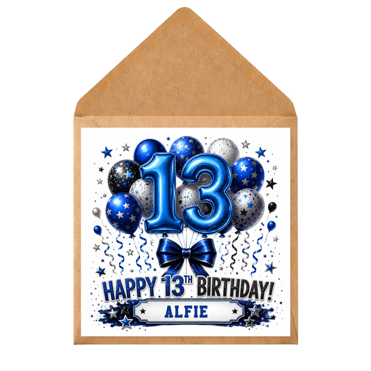 Personalised 13th Birthday Card for Boys | Blue Balloon 13 Card | Custom Name Birthday Card | Teenage Boy Birthday Card | Age 13 Card