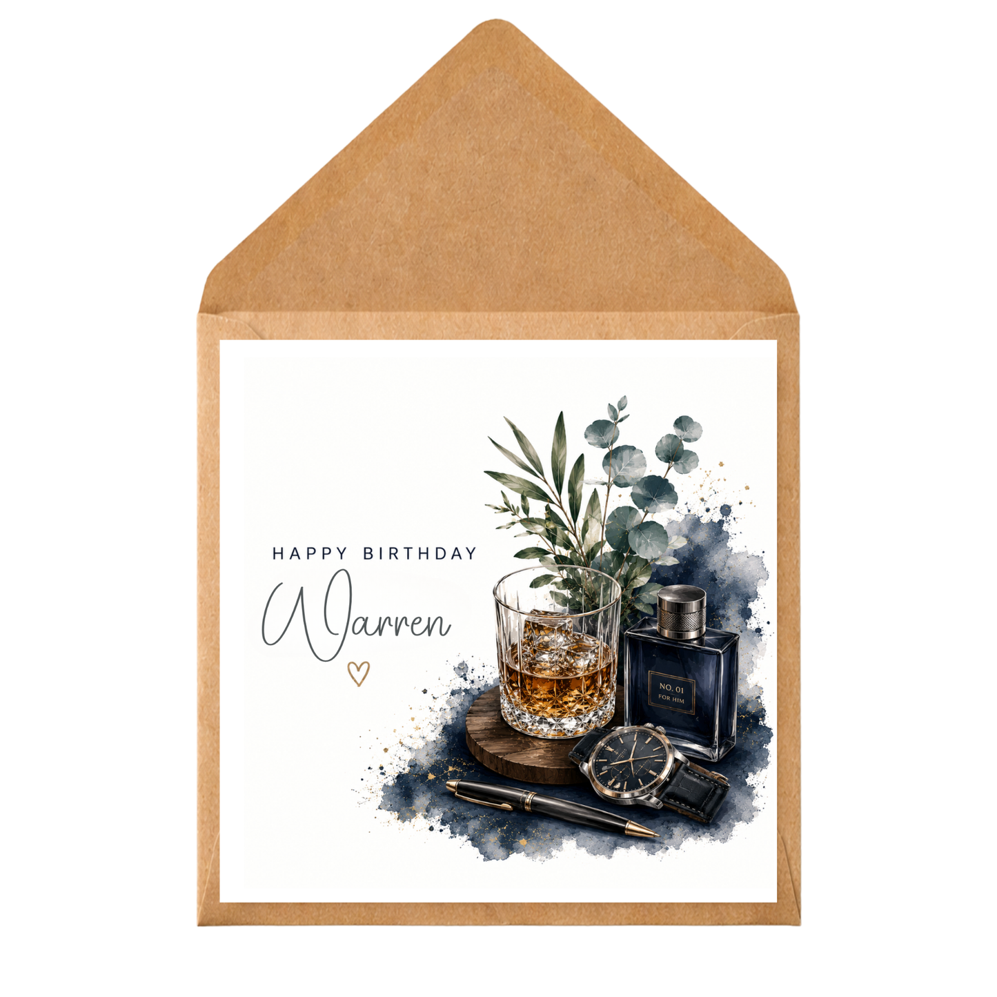Personalised Birthday Card for Him | Whisky, Watch & Aftershave Watercolour Card | Husband Boyfriend Dad Son Birthday Card