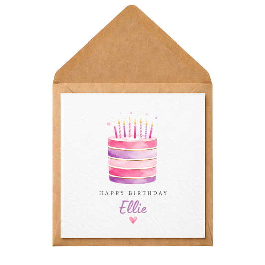 Personalised Birthday Card for Her | Watercolour Birthday Cake Card | Custom Name Birthday Card | Daughter Sister Friend