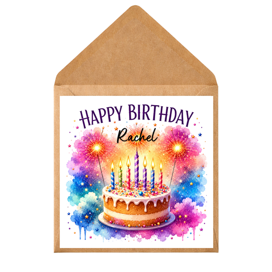 Personalised Birthday Card Any Age & Name | Sparkler Cake Birthday Card | Custom Birthday Card for Her Him Friend