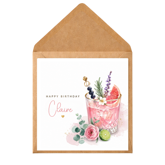 Personalised Pink Cocktail Birthday Card | Custom Name Birthday Card for Her | Gin Cocktail Card | Female Birthday Card