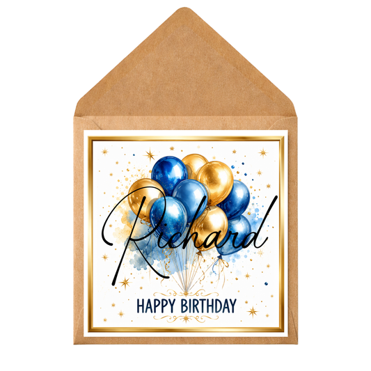 Personalised Blue & Gold Balloon Birthday Card • Custom Name Birthday Card for Men • Male Birthday Card • Son Dad Brother Husband Friend