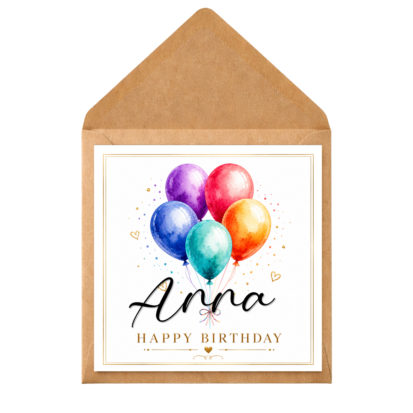 Personalised Birthday Card With Name – Custom Balloon Birthday Card – Any Name Any Recipient – Colourful Watercolour Balloons – Happy Birthday Card