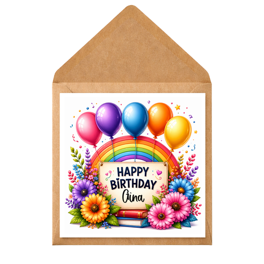 Personalised Rainbow Birthday Card - Vibrant Balloons & Floral Design for Any Age, Custom Name - Message, UK Designed - Printed