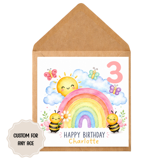 Personalised Rainbow Birthday Card: Cute Bee & Sunshine Design, Custom Name and Age Card for Kids