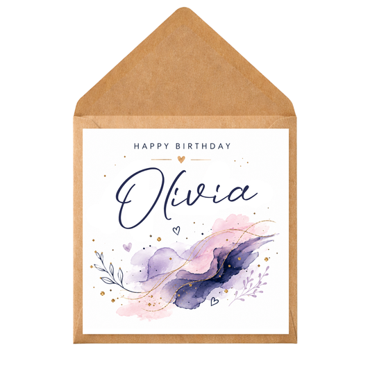 Personalised Watercolour Birthday Card | Custom Name Birthday Card for Her | Elegant Pink & Purple Floral Card | Daughter Sister Friend Mum Birthday