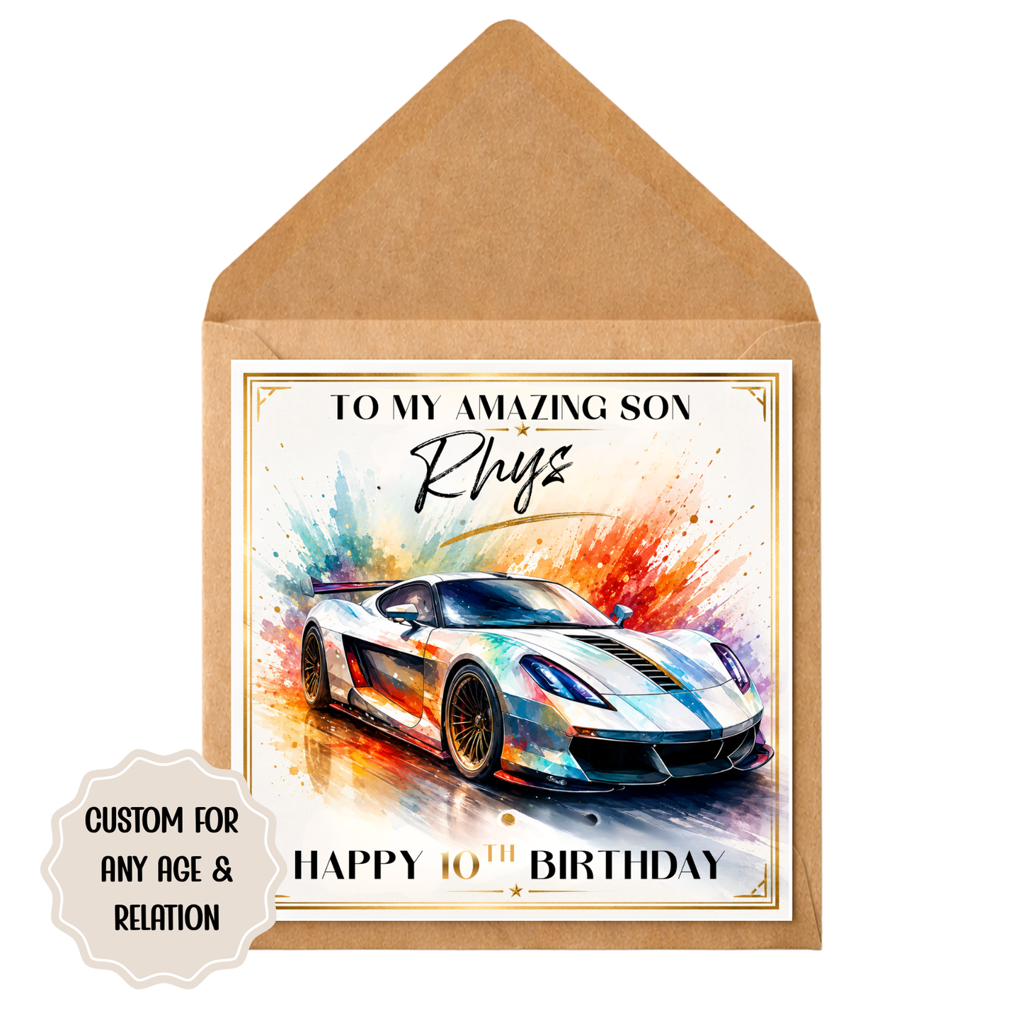 Personalised Supercar Birthday Card – Custom Kids Racing Car