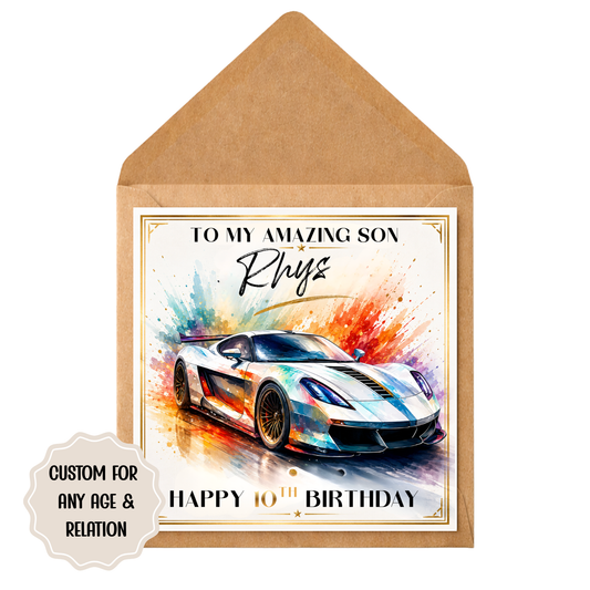 Personalised Supercar Birthday Card – Custom Kids Racing Car