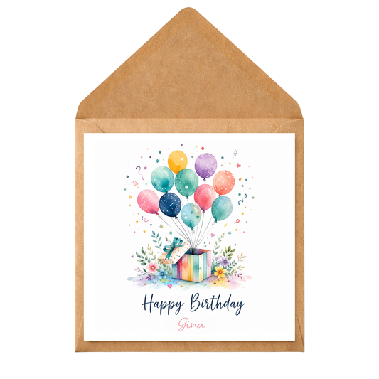 Personalised Birthday Card with Balloons & Gift | Watercolour Birthday Card | Custom Name Birthday Card | Handmade Birthday Greeting Card