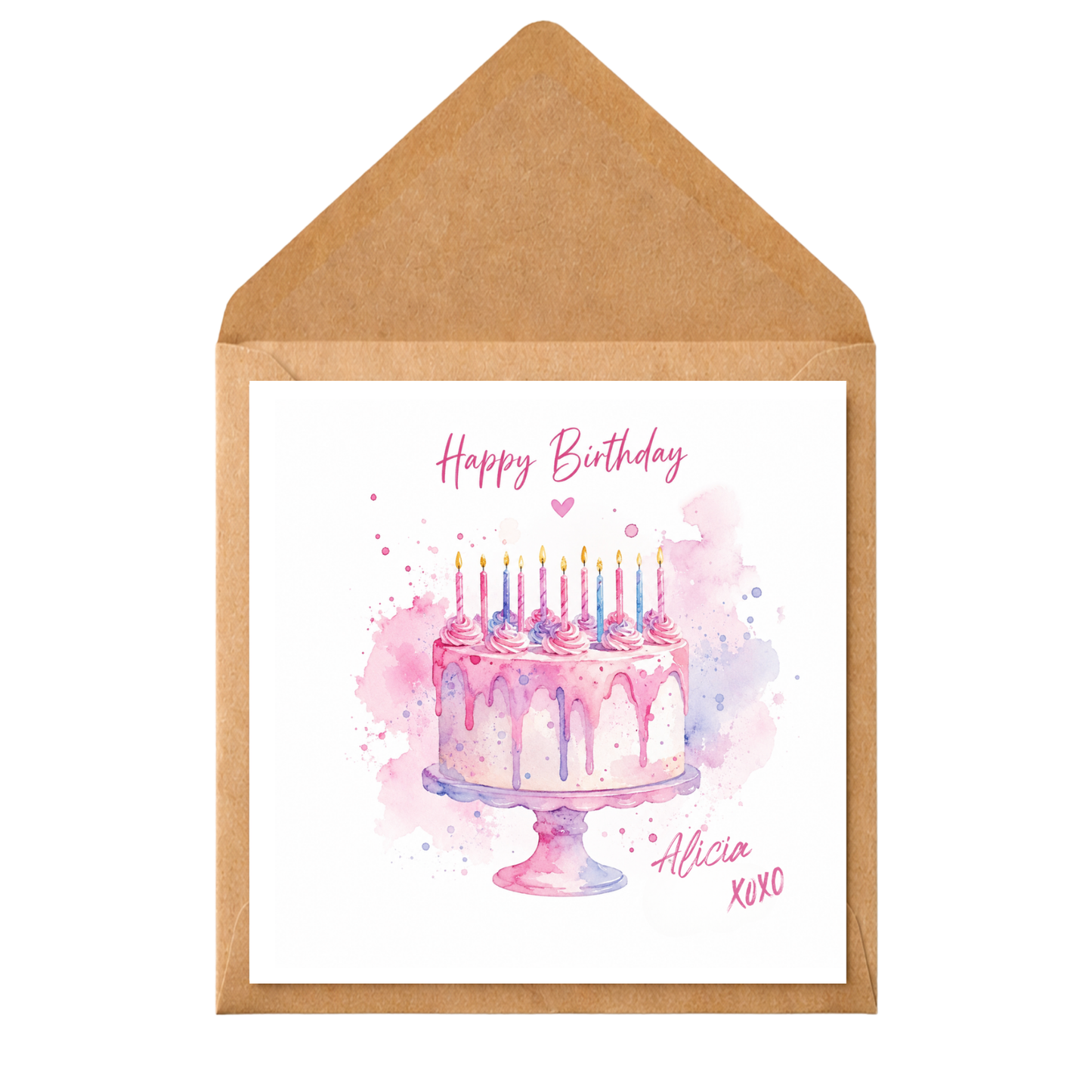 Personalised Birthday Cake Card | Custom Name Birthday Card | Watercolour Pink Birthday Cake | Daughter Birthday Card | Friend Birthday Card