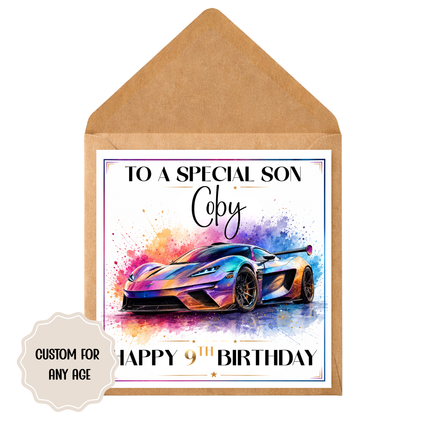 Personalised Supercar Birthday Card – Grandson / Any Name & Age – Boys Birthday Card
