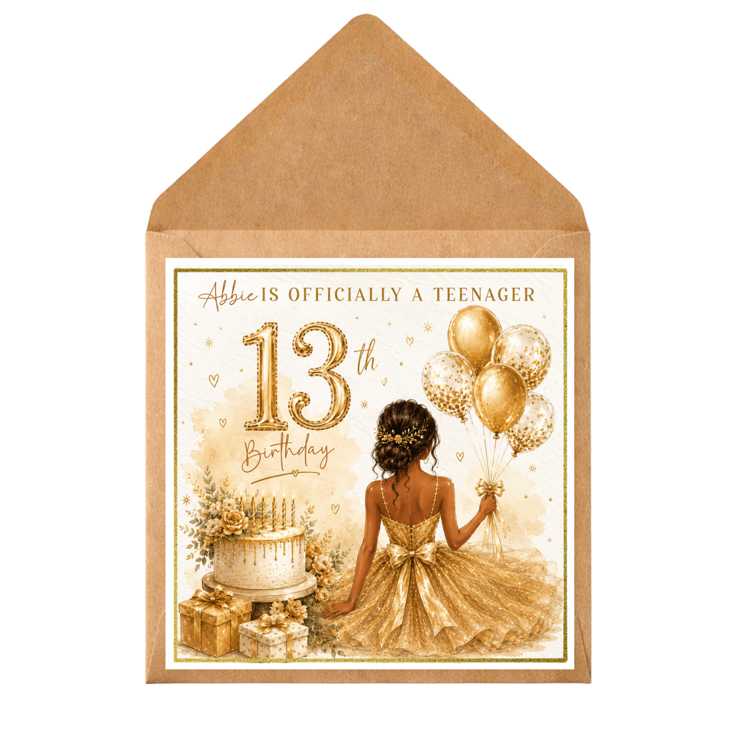 Personalised 13th Birthday Card for Girl | Officially a Teenager Card | Gold Glitter Style Teen Birthday Card Daughter Niece