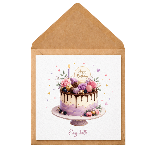 Personalised Birthday Cake Card | Custom Name Birthday Card | Luxury Watercolour Cake Greeting Card | Female Birthday Card | Mum Sister Friend Daughter
