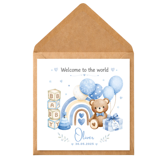 Personalised New Baby Card | Cute Teddy Bear Baby Boy/GirlPersonalised New Baby Boy Card | Welcome To The World Baby Boy Card | Custom Name Newborn Card | Teddy Bear Rainbow Baby Card | Baby Boy Congratulations