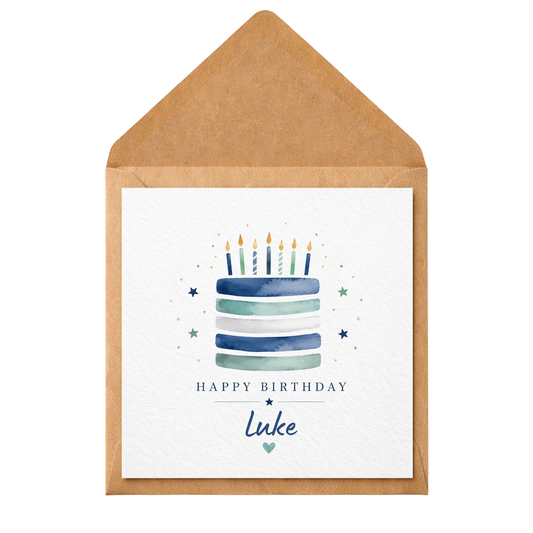 Personalised Birthday Card for Him | Watercolour Birthday Cake Card | Custom Name Birthday Card | Son Grandson Brother