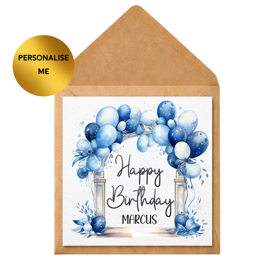 Personalised Blue Balloon Birthday Card, Any Name Birthday Card, Custom Birthday Card for Him, Son, Brother, Boyfriend, Husband, Modern Balloon Card