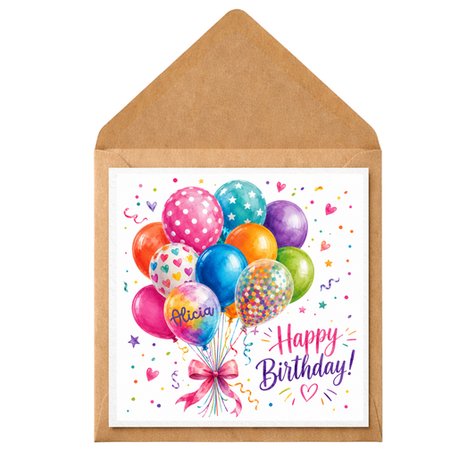 Personalised Balloon Birthday Card | Colourful Watercolour Balloons Card | Custom Name Birthday Card for Her | Cute Birthday Greeting Card
