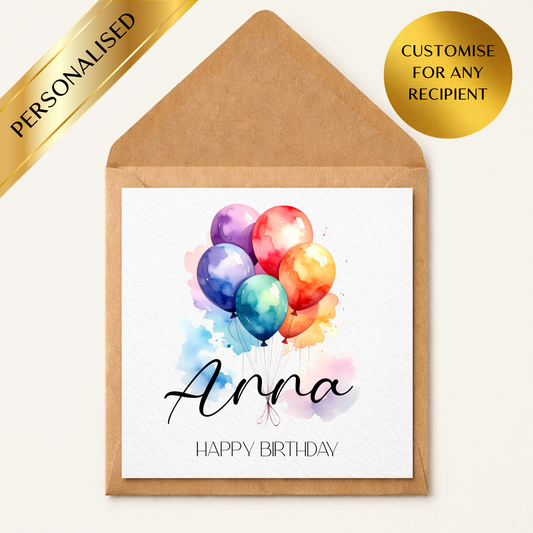 Personalised Birthday Card With Name – Custom Balloon Birthday Card – Any Name Any Recipient – Colourful Watercolour Balloons – Happy Birthday Card