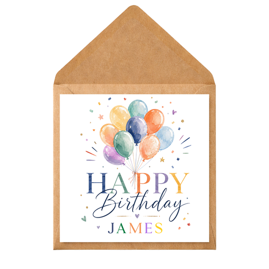 Balloon Birthday Card for Him | Personalised Birthday Card | Modern Watercolour Balloons Card | Custom Name Birthday Card