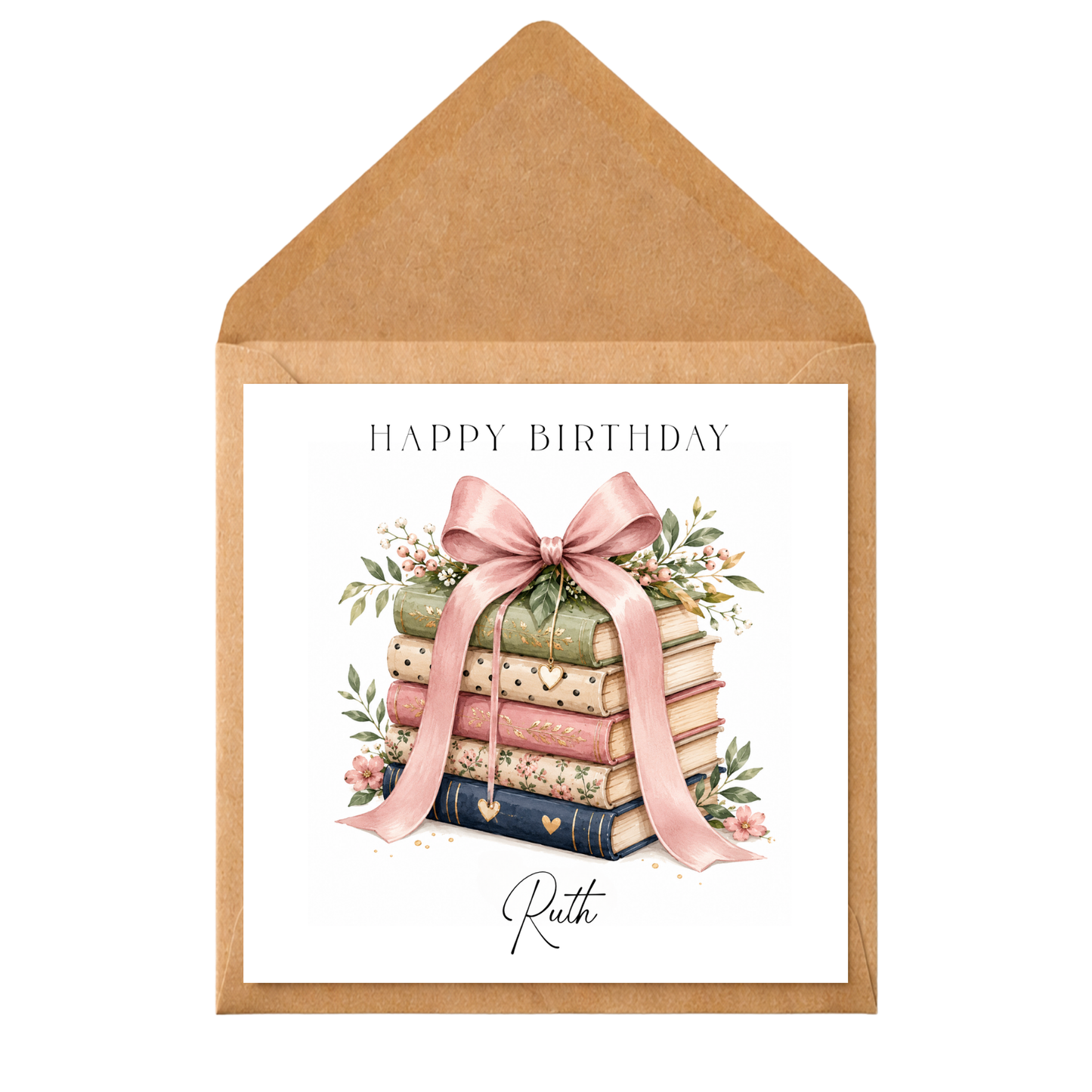 Personalised Book Lover Birthday Card | Custom Name Floral Books Greeting Card | Reader Gift Card | Watercolour Stack of Books Card