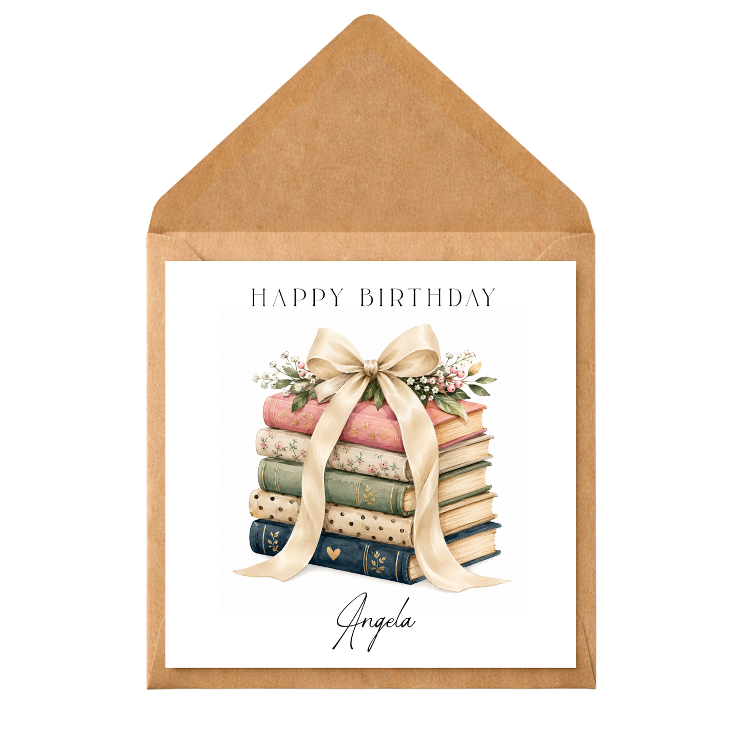 Personalised Book Lover Birthday Card | Custom Name Floral Books Greeting Card | Reader Gift Card | Watercolour Stack of Books Card