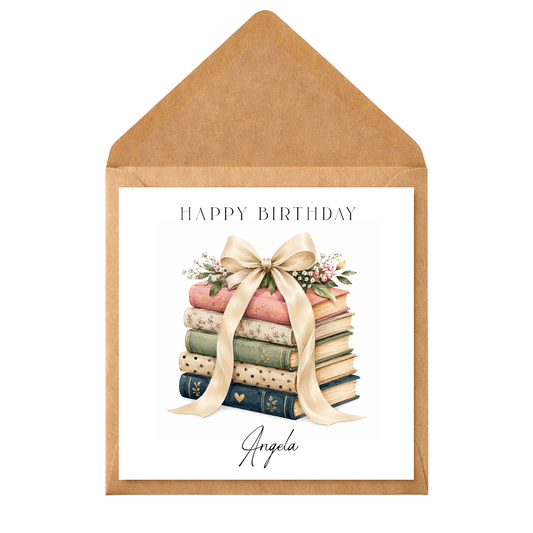 Personalised Book Lover Birthday Card | Custom Name Floral Books Greeting Card | Reader Gift Card | Watercolour Stack of Books Card