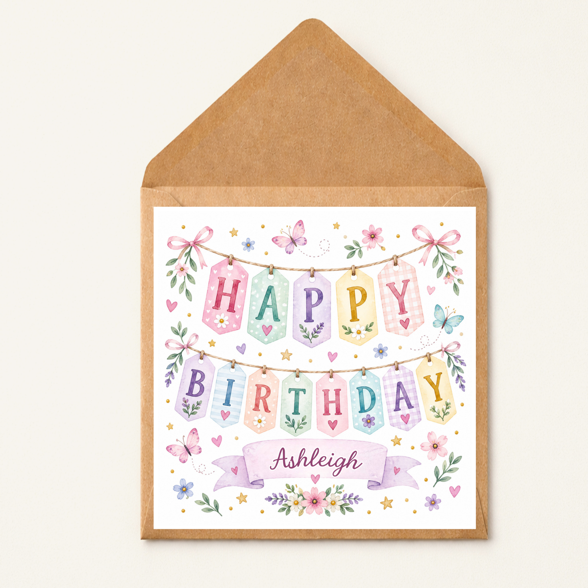 Personalised Birthday Card for Her, Watercolour Floral Bunting Card, Custom Name Birthday Card, Pretty Pastel Card for Girls Friend Family