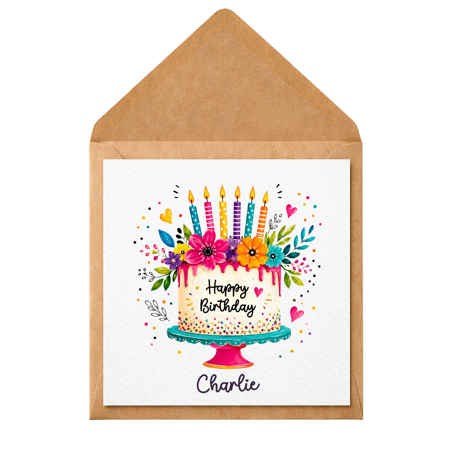 Personalised Birthday Cake Card | Bright Floral Birthday Card | Custom Name Birthday Card | Colourful Cake Greeting Card for Her