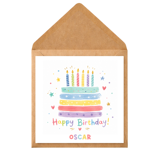 Personalised Rainbow Birthday Card for Kids | Cute Watercolour Birthday Cake Card | Custom Name Birthday Card for Child | Colourful Birthday Card