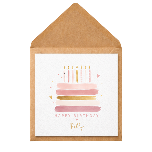 Personalised Pink Birthday Cake Card | Custom Name Birthday Card for Her | Elegant Watercolour Cake Greeting Card | Any Age Birthday Card