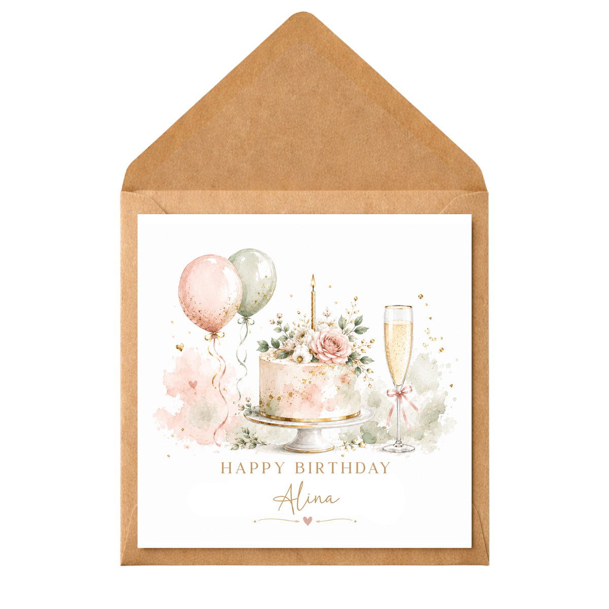 Personalised Birthday Card for Her, Elegant Birthday Card, Watercolour Cake & Champagne Card, Mum Sister Friend Daughter Birthday
