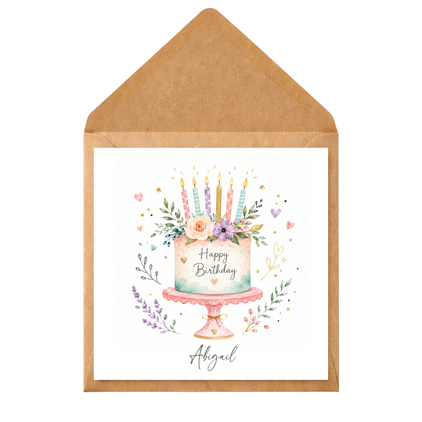 Personalised Happy Birthday Cake Card | Floral Birthday Card for Her | Custom Name Birthday Card | Watercolour Birthday Cake Greeting Card