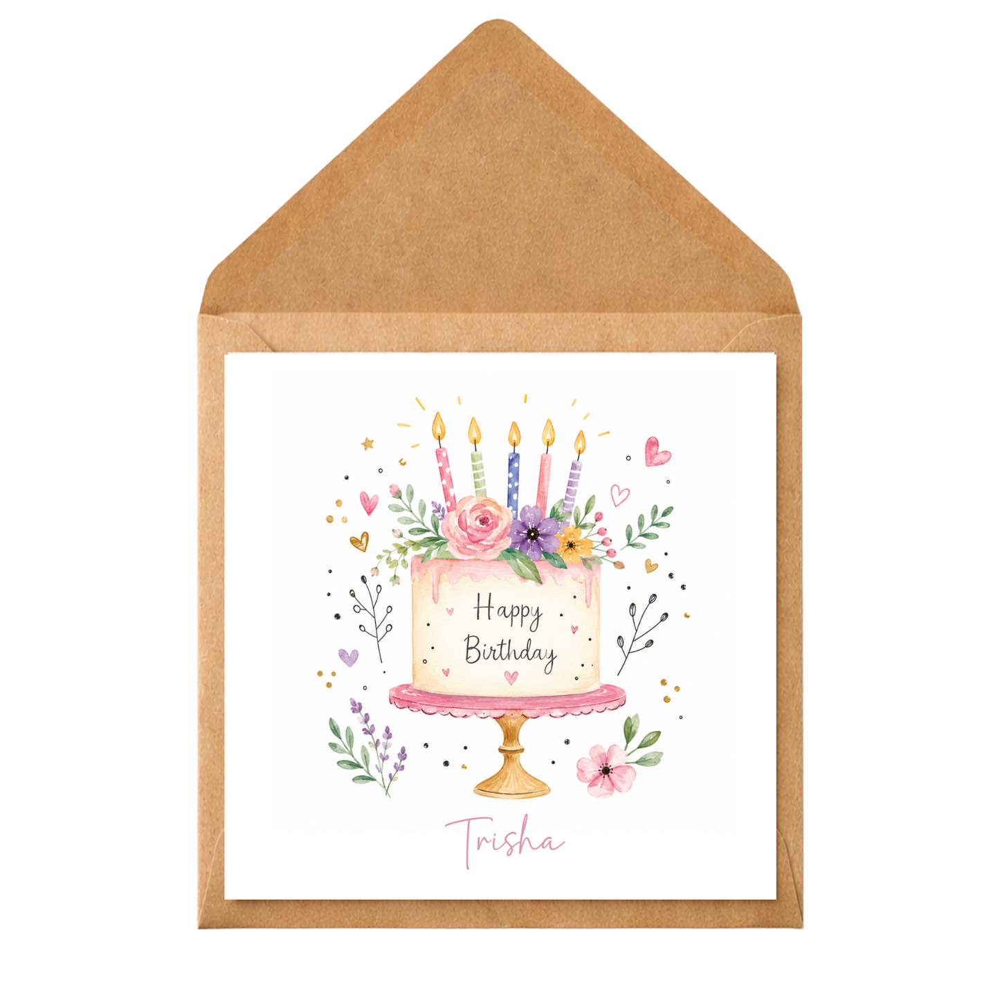 Personalised Floral Birthday Cake Card | Custom Name Birthday Card for Her | Watercolour Cake Greeting Card | Pretty Birthday Card