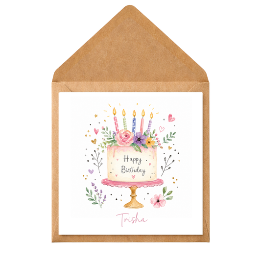 Personalised Floral Birthday Cake Card | Custom Name Birthday Card for Her | Watercolour Cake Greeting Card | Pretty Birthday Card