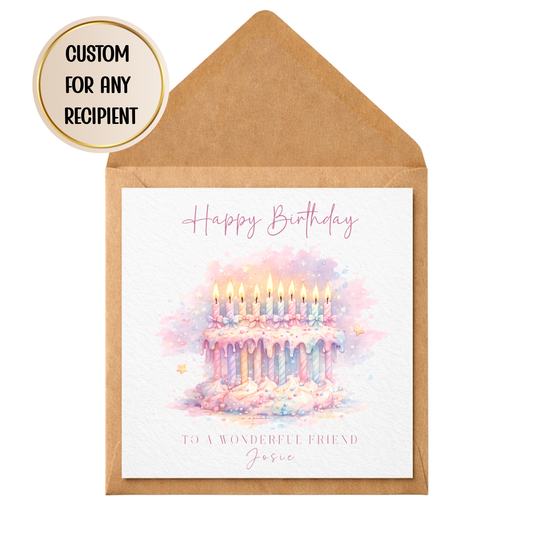Personalised Happy Birthday Card | Custom Recipient & Name | Elegant Pink Watercolour Cake Design