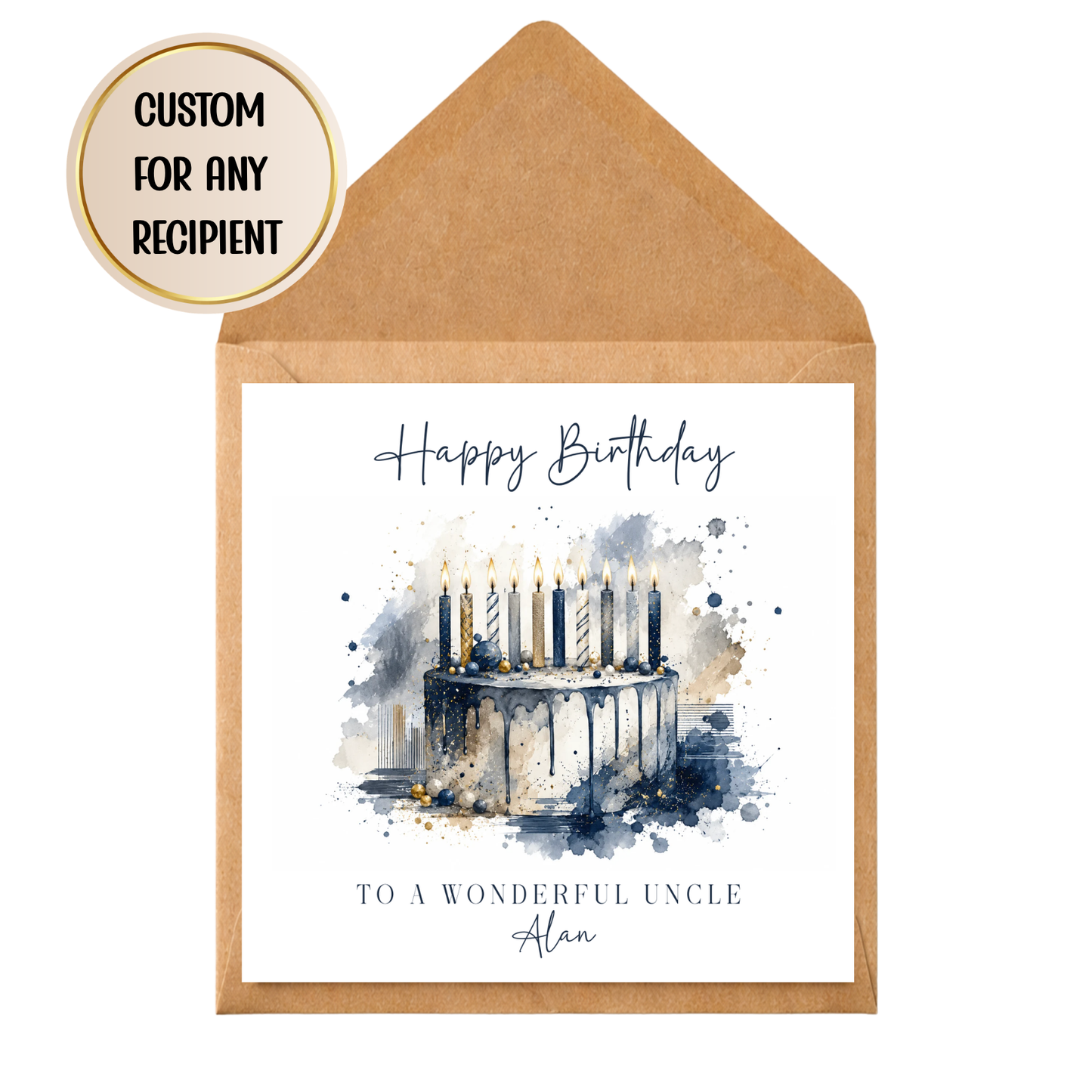 Navy & Gold Watercolour Birthday Cake Card for Him | Personalised Birthday Card | Custom Male Birthday Card | Dad Brother Uncle Friend