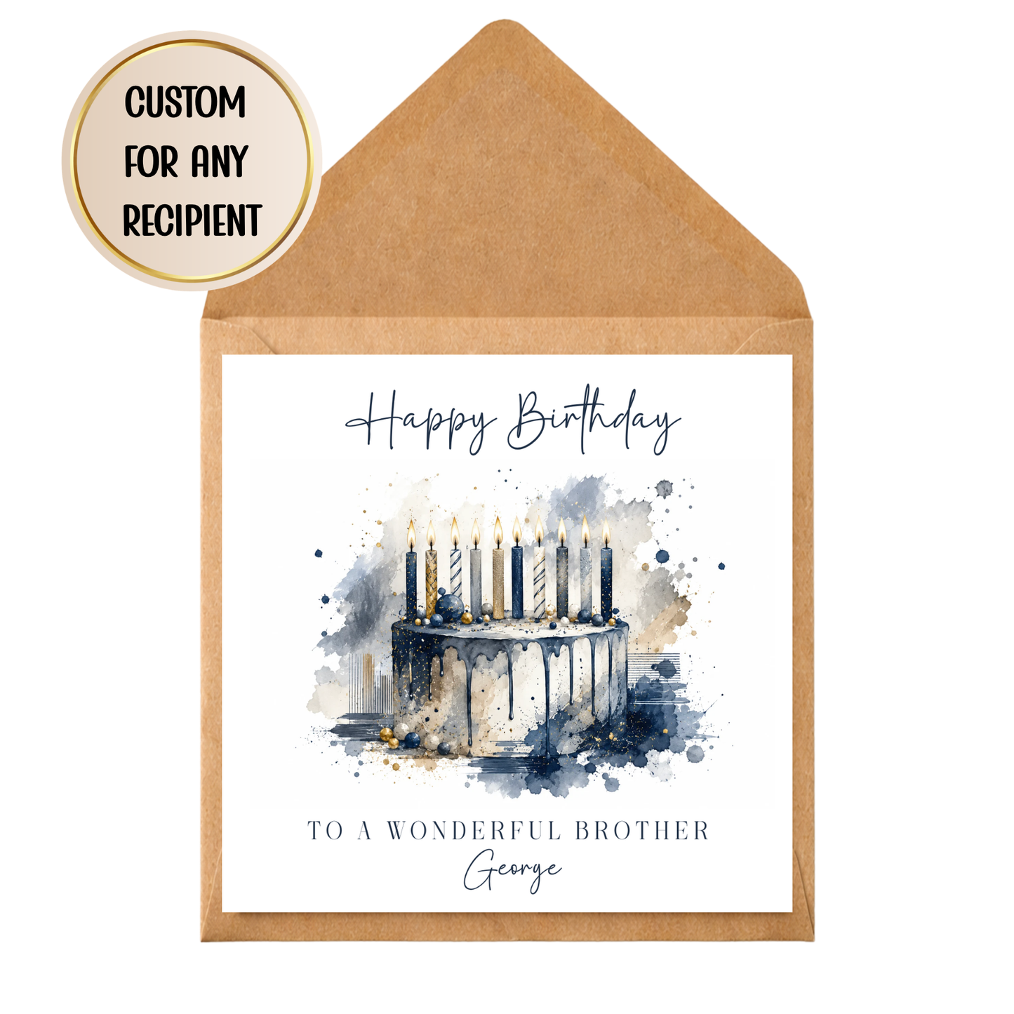 Navy & Gold Watercolour Birthday Cake Card for Him | Personalised Birthday Card | Custom Male Birthday Card | Dad Brother Uncle Friend