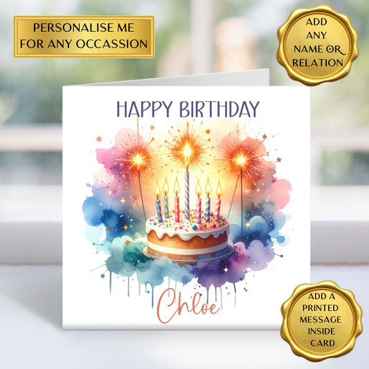 Personalised Birthday Card Any Age & Name | Sparkler Cake Birthday Card | Custom Birthday Card for Her Him Friend
