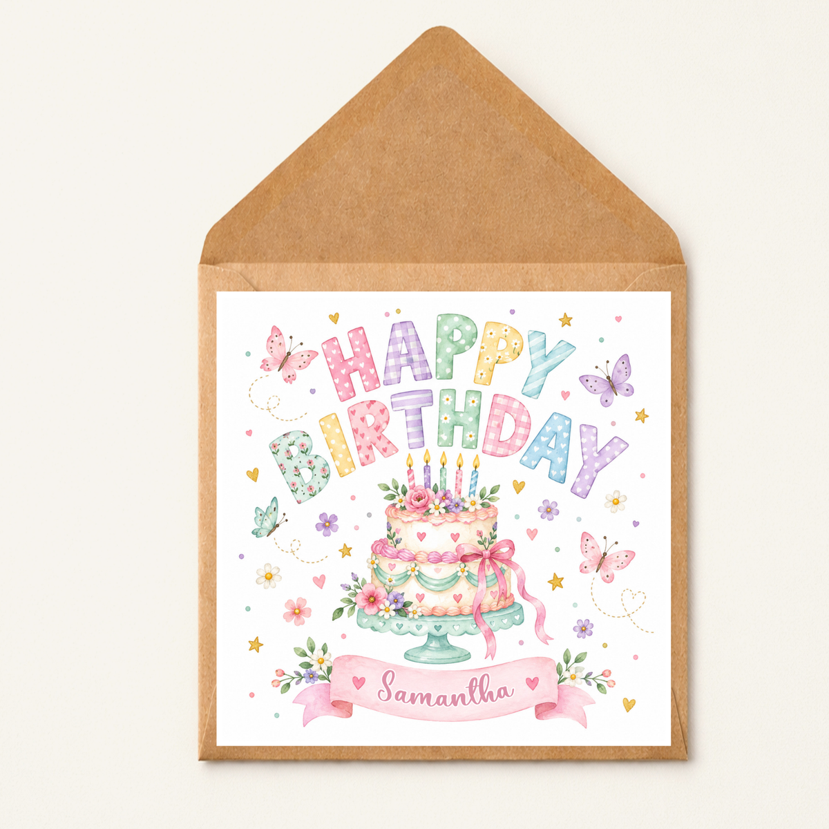 Personalised Birthday Card for Her, Watercolour Birthday Cake Card, Custom Name Floral Card, Pretty Pastel Birthday Card